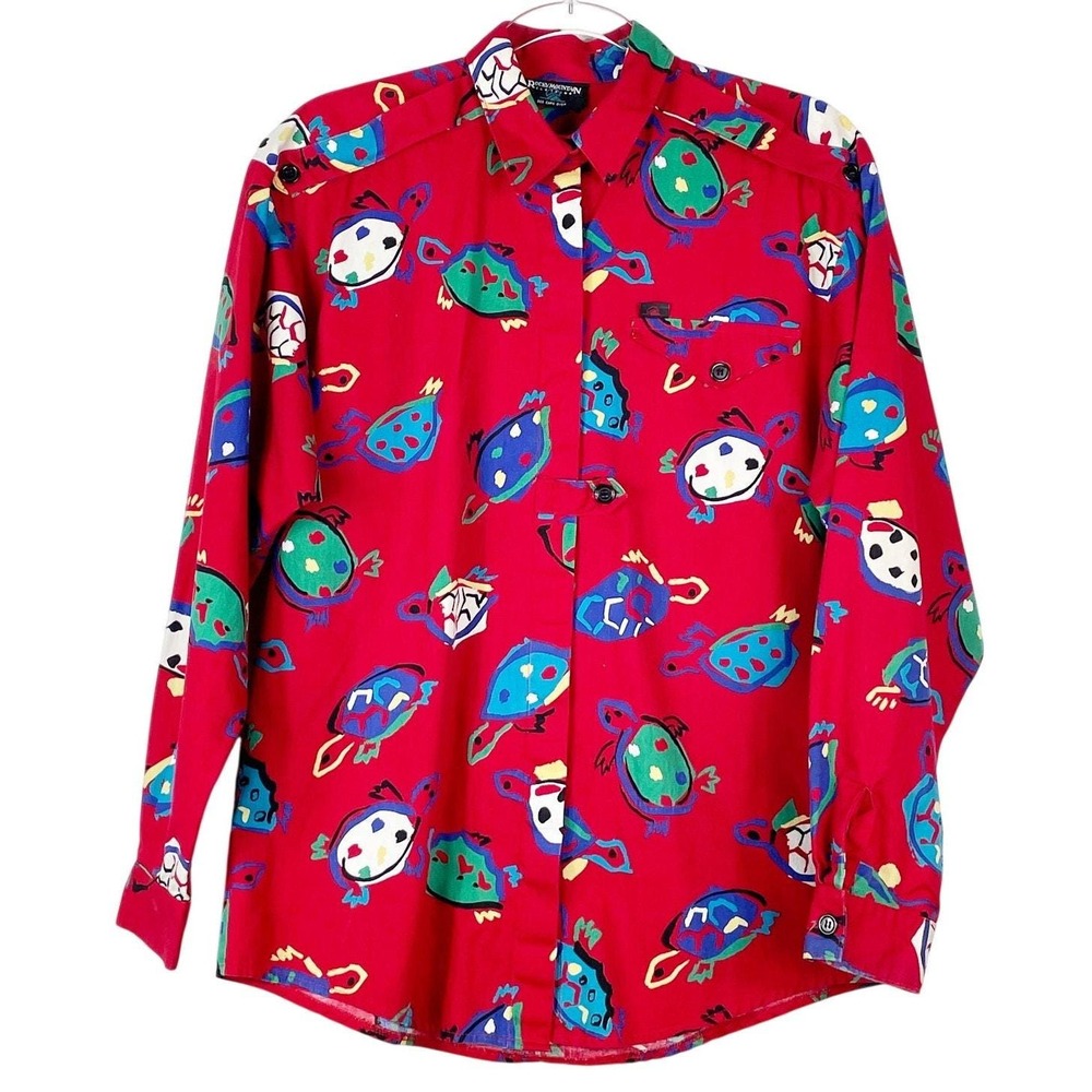 Vintage Rocky Mountain Men's Red Sea Turtle Long Sleeve Button Down Shirt Rodeo